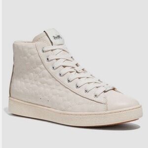 COACH C204 Signature Embossed Logo Leather Chalk Beige High Top Sneakers, 9 NIB